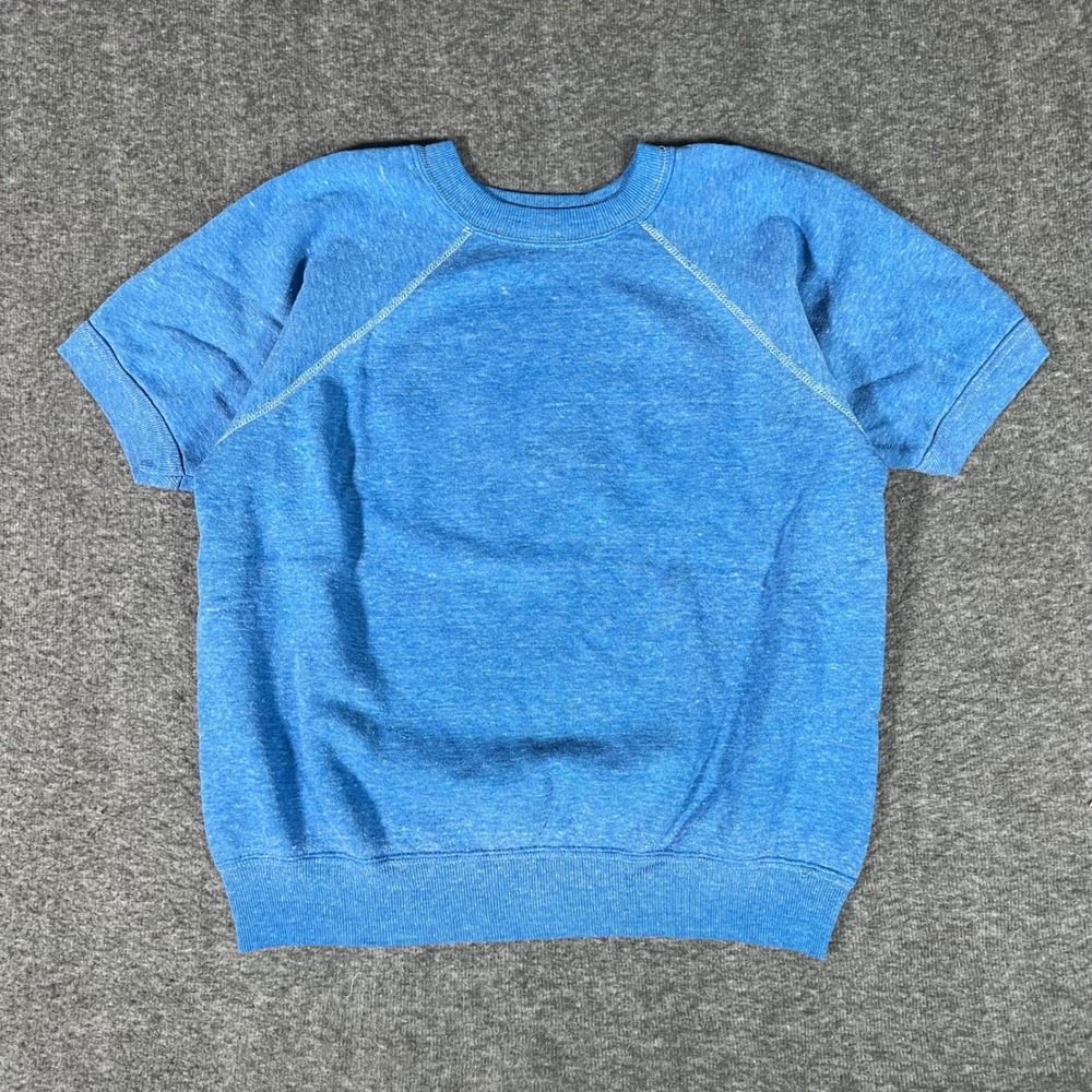 Vintage Blue Heather Short Sleeve Raglan Sweatshirt Crewneck Ribbed Trim